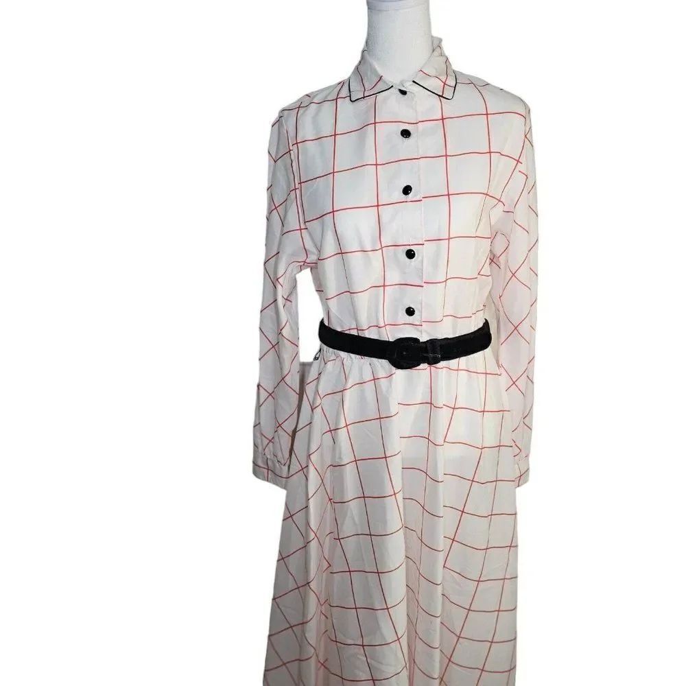 Vintage 70s Shirt Dress Womens XS White Red Windowpane Maxi
